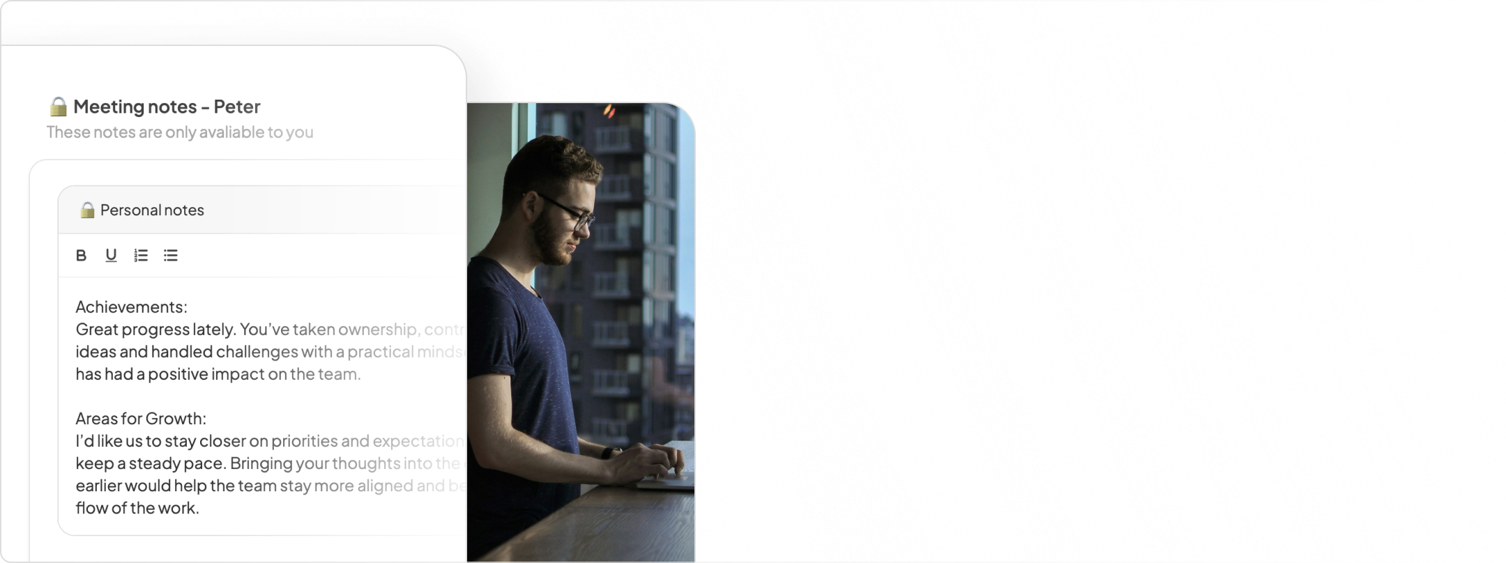 Workcom dashboard showing manager 1:1 meeting preparation tools with notes and feedback capabilities