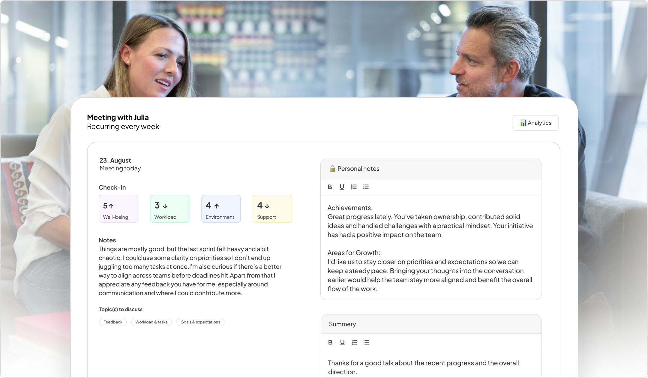 Workcom 1:1 meeting interface showing real-time collaboration and communication tools